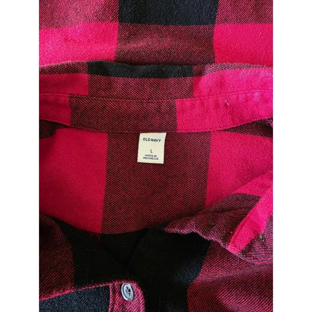Old Navy Shirt Womens Lg Red Black Plaid Flannel Button Up Long‎ Sleeve Cotton - Picture 6 of 10